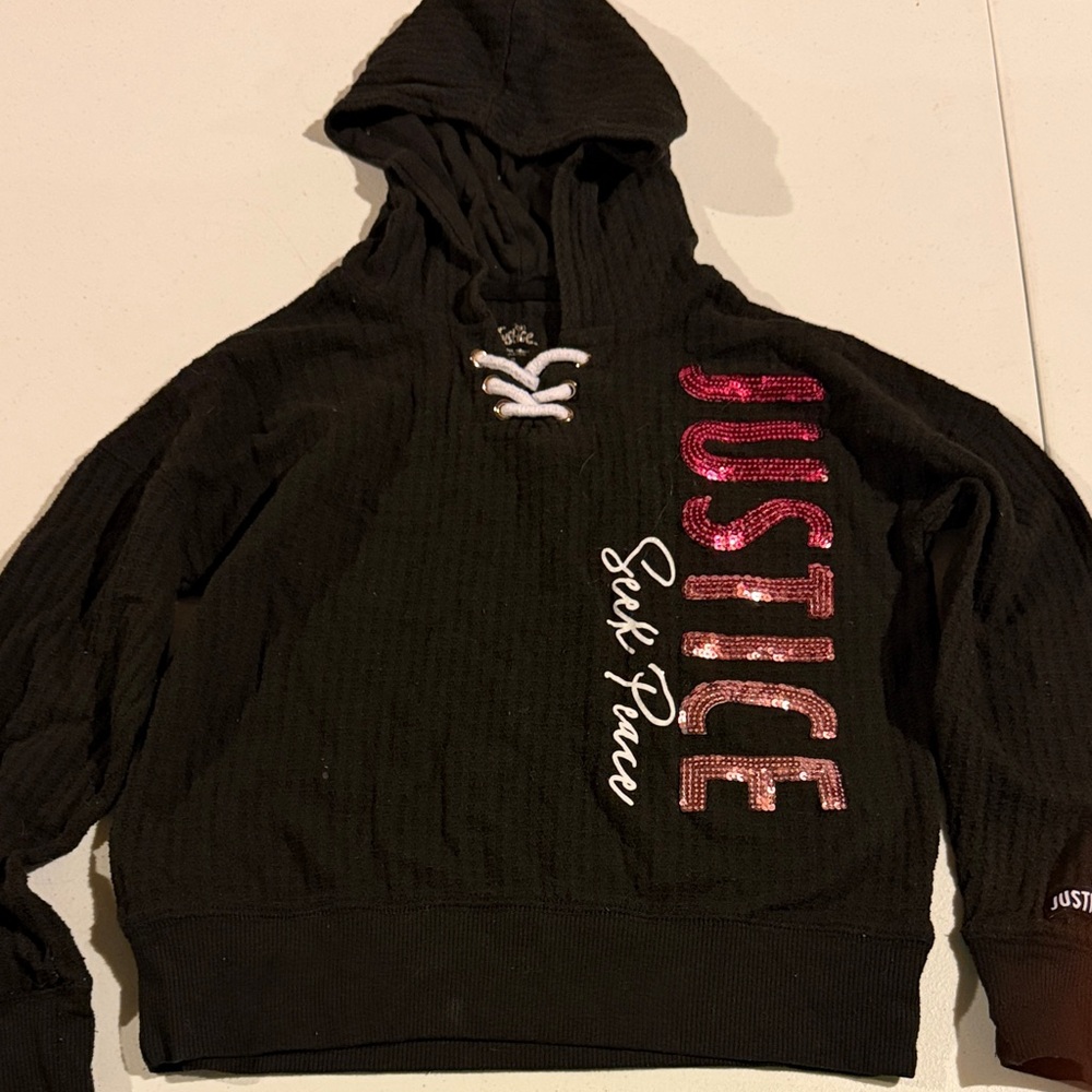 Justice Black Hoodie with Pink Sequin Vertical Logo